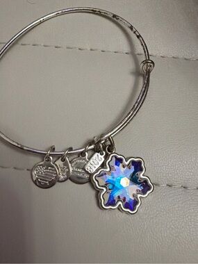 Alex and Ani Silver Bracelet with Iridescent Blue Snowflake Charm